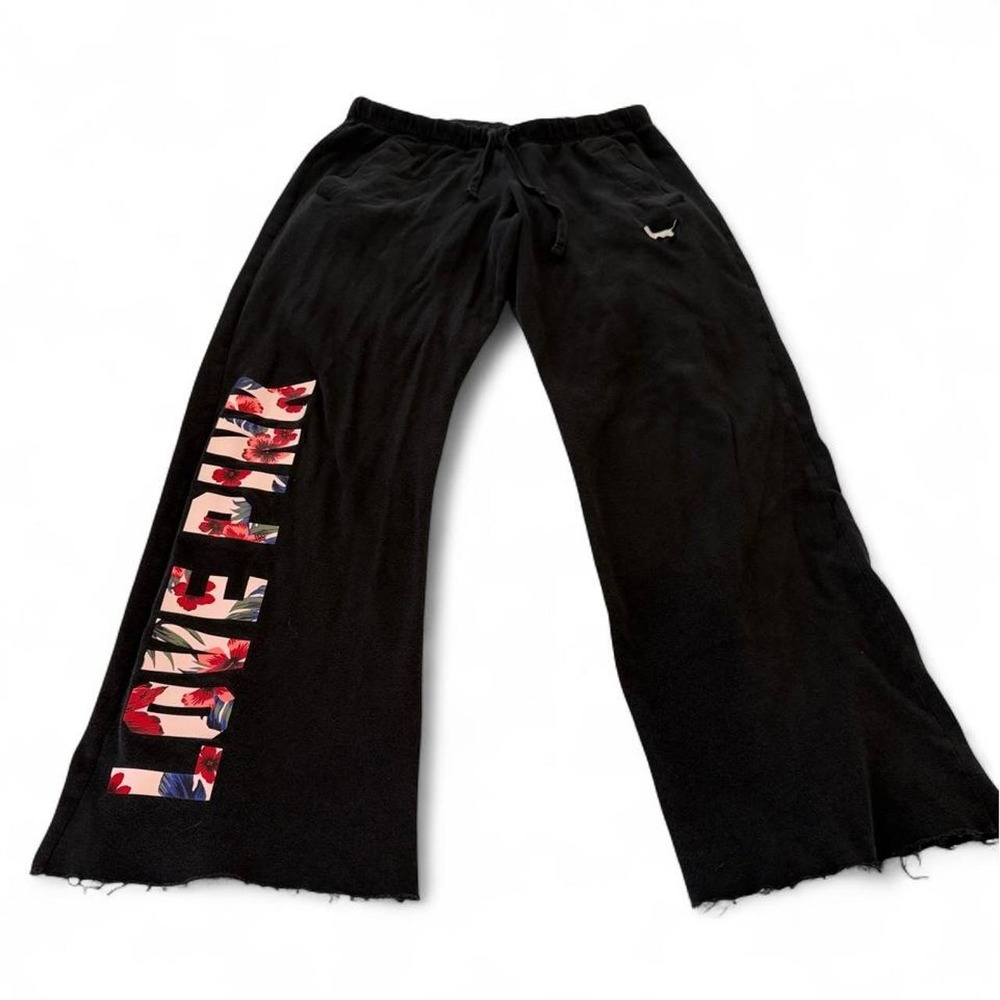 Victoria's Secret PINK Black Floral Graphic Wide Leg Raw Hem Sweatpants Small